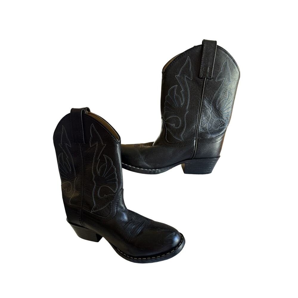Masterson Cowboy Boots Size 2.5 Youth Black Leather Western Embroidery Pull Tabs